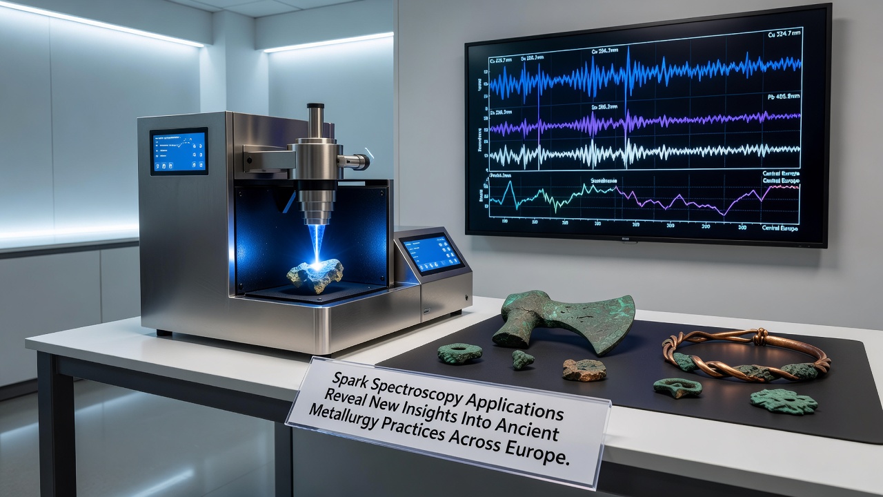 Close-up view of spectral analysis results displayed during examination of an ancient European metal object
